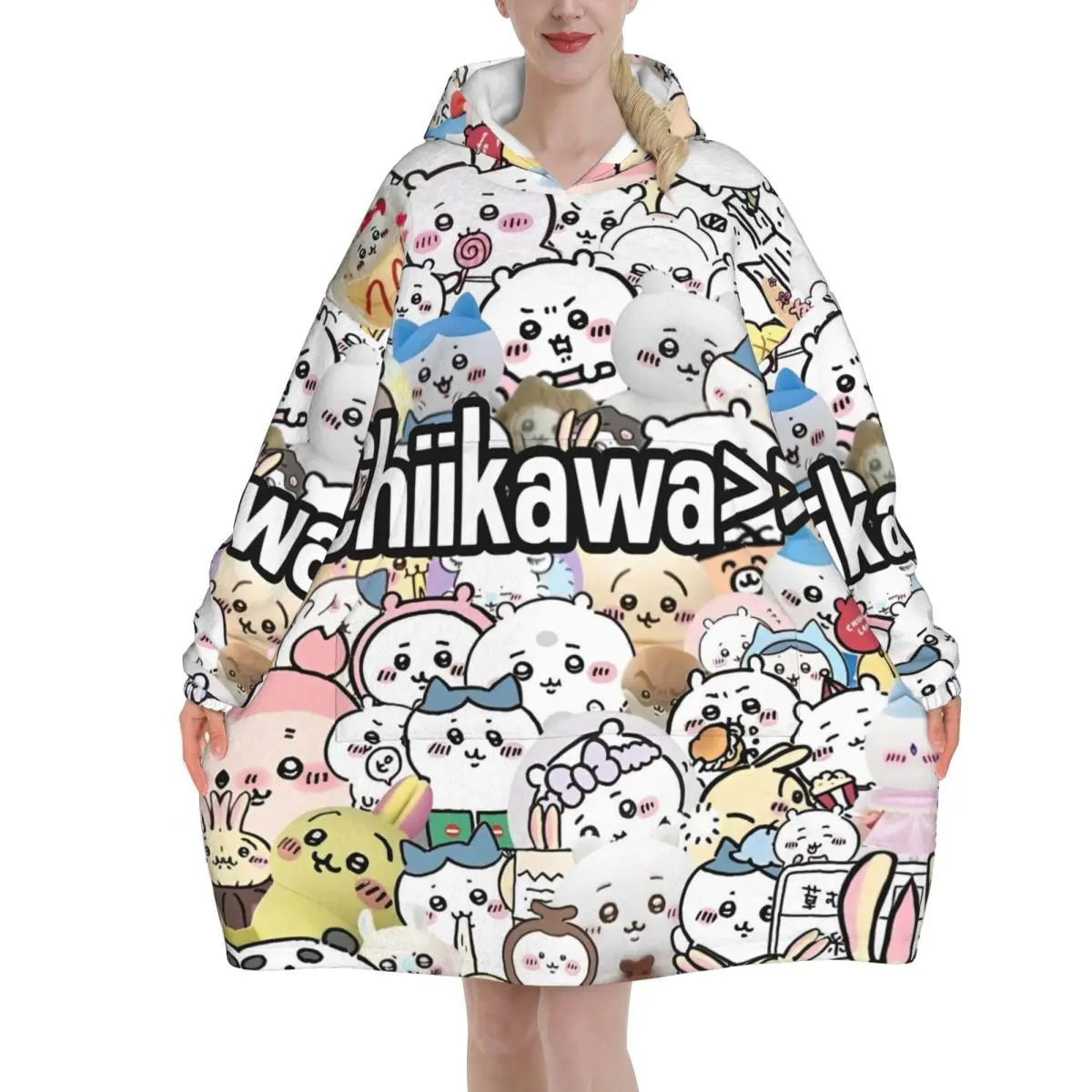 

Rakko Chiikawa Cartoon Wearable Blanket Hoodie for Women Men Oversized Sweatshirt Blanket with Pocket