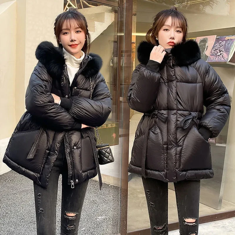 2023 Loose Big Fur Collar Hooded Puffer Jacket Women Thicken Cotton Padded Parkas Coat Autumn Winter Female Warm Clothes Outwear