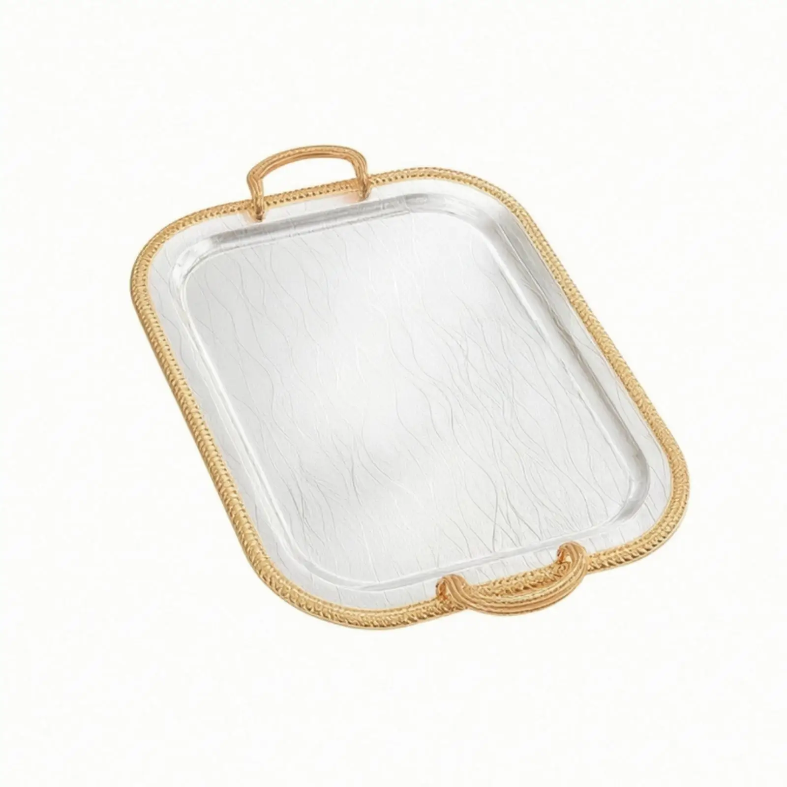 Decorative Serving Tray Rectangular Plastic with Mirrored Base Gold Ornate Border and Side Handles for Home Entertaining Snack