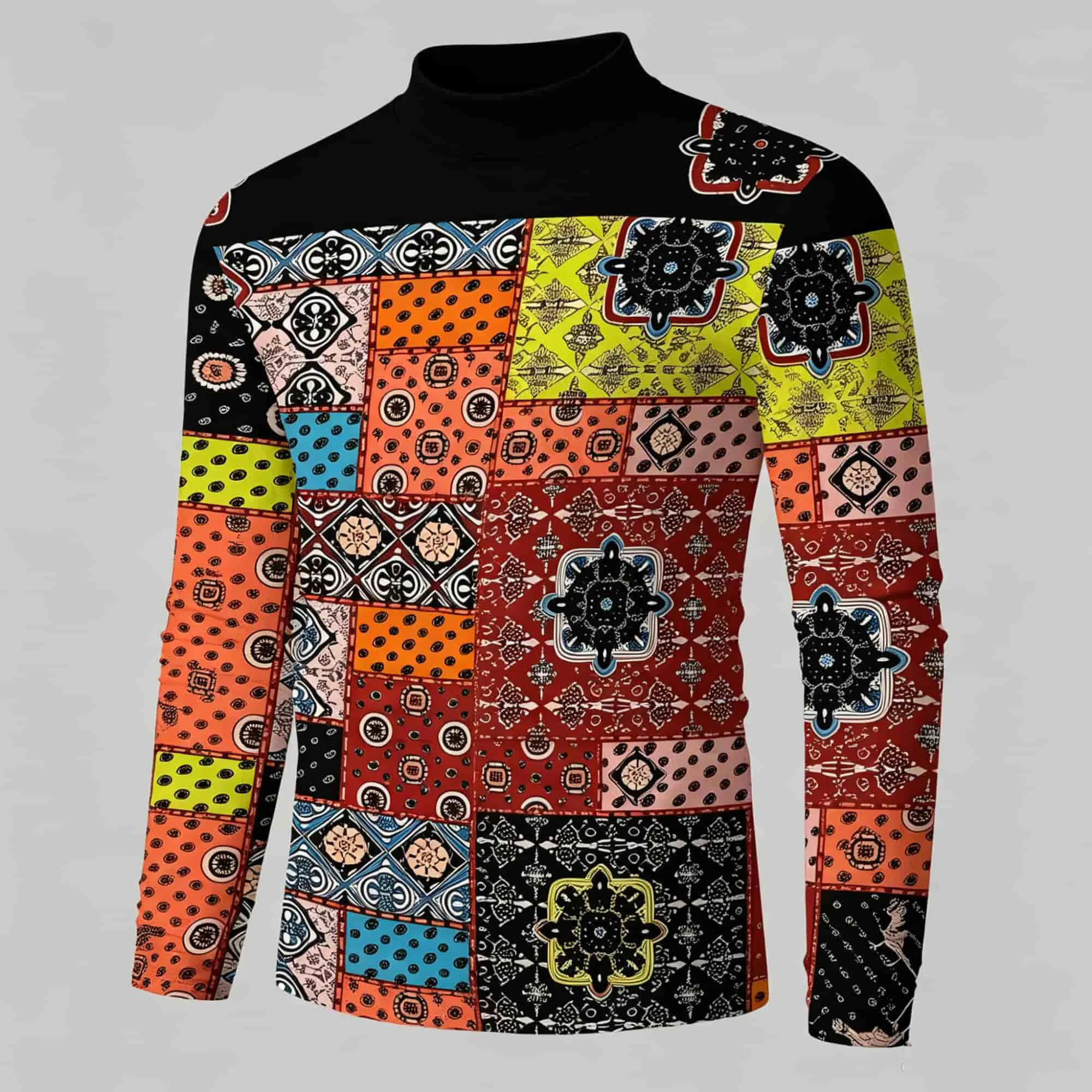 Vintage Ethnic Patchwork Tile Print Men Mock Neck Long Sleeve Shirts Colorful Bohemian All‑Over Print Pullover Tees