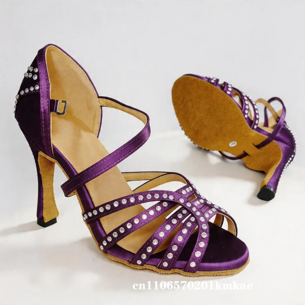 Women's Satin Latin Dance Shoes with Rhinestones Purple High Heel Sandals for Salsa Samba Practice & Performance