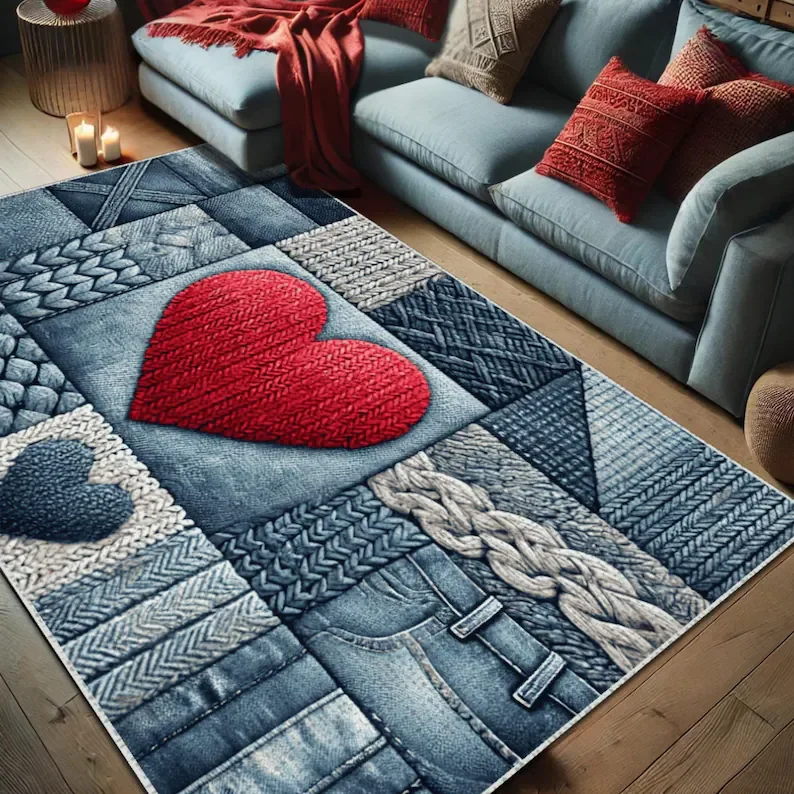 الأحمر القلب المرقعة البساط الدنيم نسيج متماسكة نظرة السجاد الجينز خليط منقوشة السجاد الرجعية رومانسية عيد الحب ديكور حصيرة #1