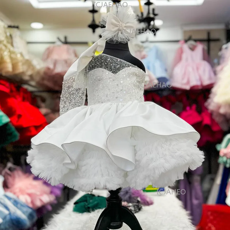 2026 First Birthday Sequin Tutu Gown Costume Children Girls Formal One Shoulder Big Bow Long Sleeve Princess Dress Baby Kids