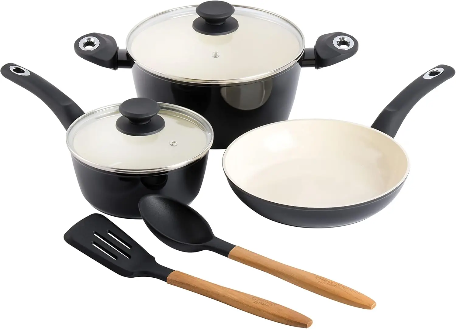 

Forged Aluminum Healthy PFA-Free Ceramic Pots and Pans Cookware Set, 7-Piece Set, Black