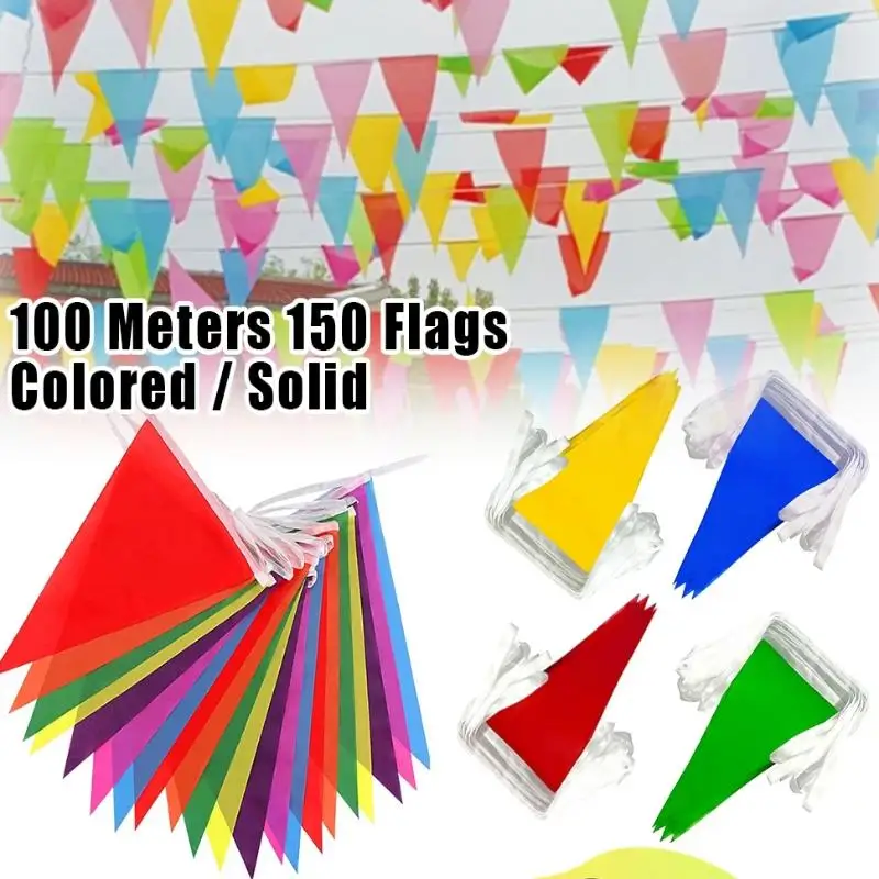 【D】Multicolor Triangle Bunting Flag Banner 100M Eco Safe for Baby First Birthday Gender Reveal Party Supplies