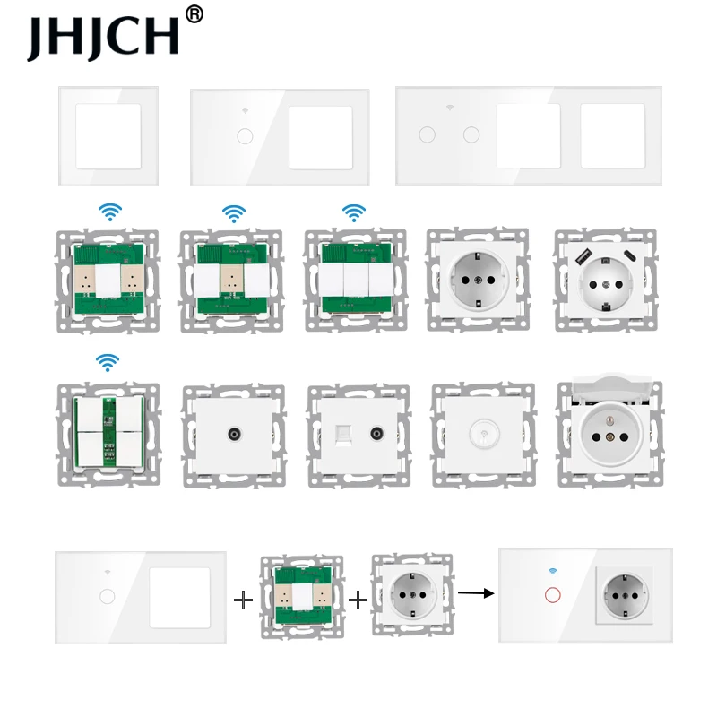 

jhjch-wall mount module diy European standard white glass panel power socket switch button, hdmi, free combination of functions