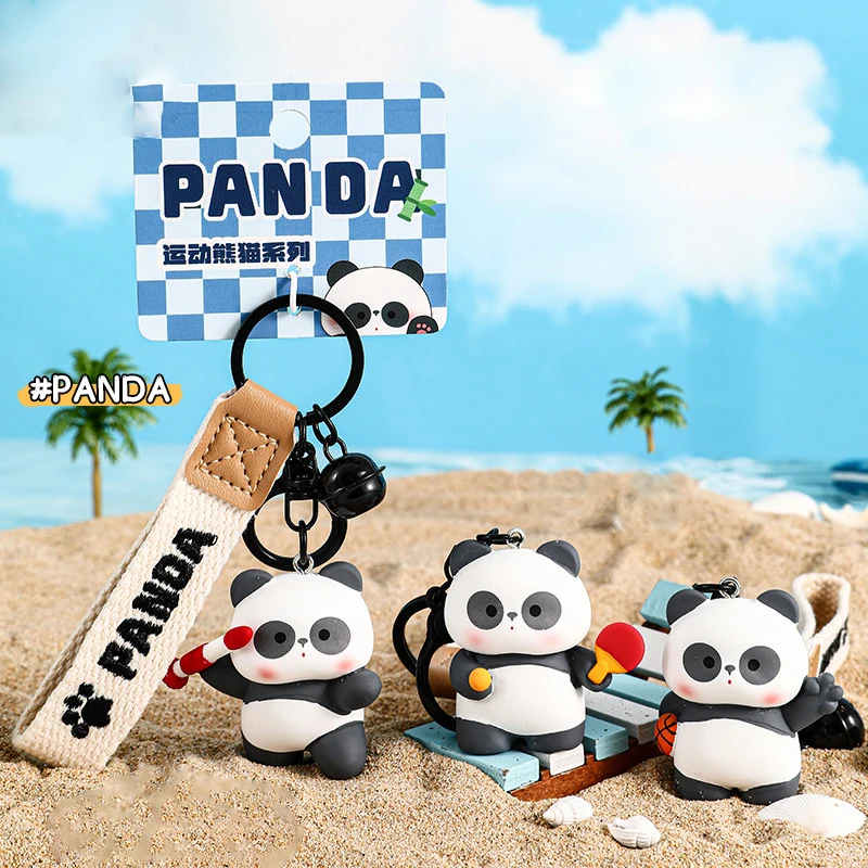 Cartoon Sports Panda Series Play Basketball Football Key Chain Pendant Cute Table Tennis Javelin King Panda Doll Keychain Bag