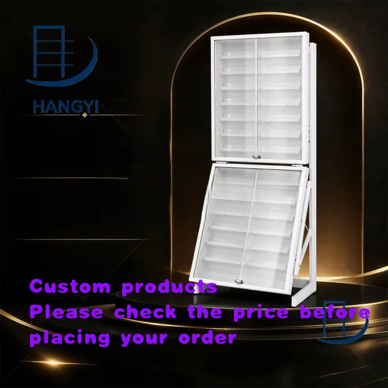 custom.Hangyi.retail Tcg Card Display Rack Modern Vertical Metal Frame Lockable Adjustable Height Freestanding Display She