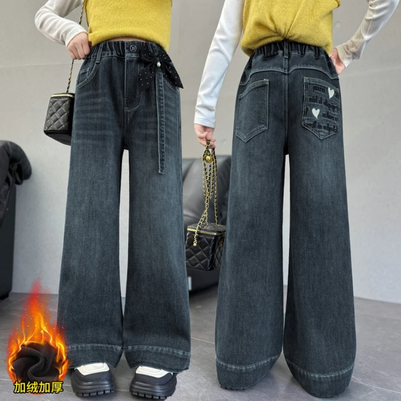 

Girls Wide-Leg Denim Pants Fashion Bow Detail with Fleece Fringe Dangling Strip - Trendy Bottomwear for Kids Youth Winter Pants