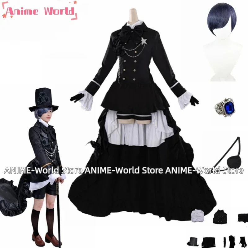 《 Custom size 》 Anime Ciel Phantomhive Funeral Cosplay Cotume Wig Ring Eye Mask Kuroshitsuji Halloween Costume Fancy Party Outfi