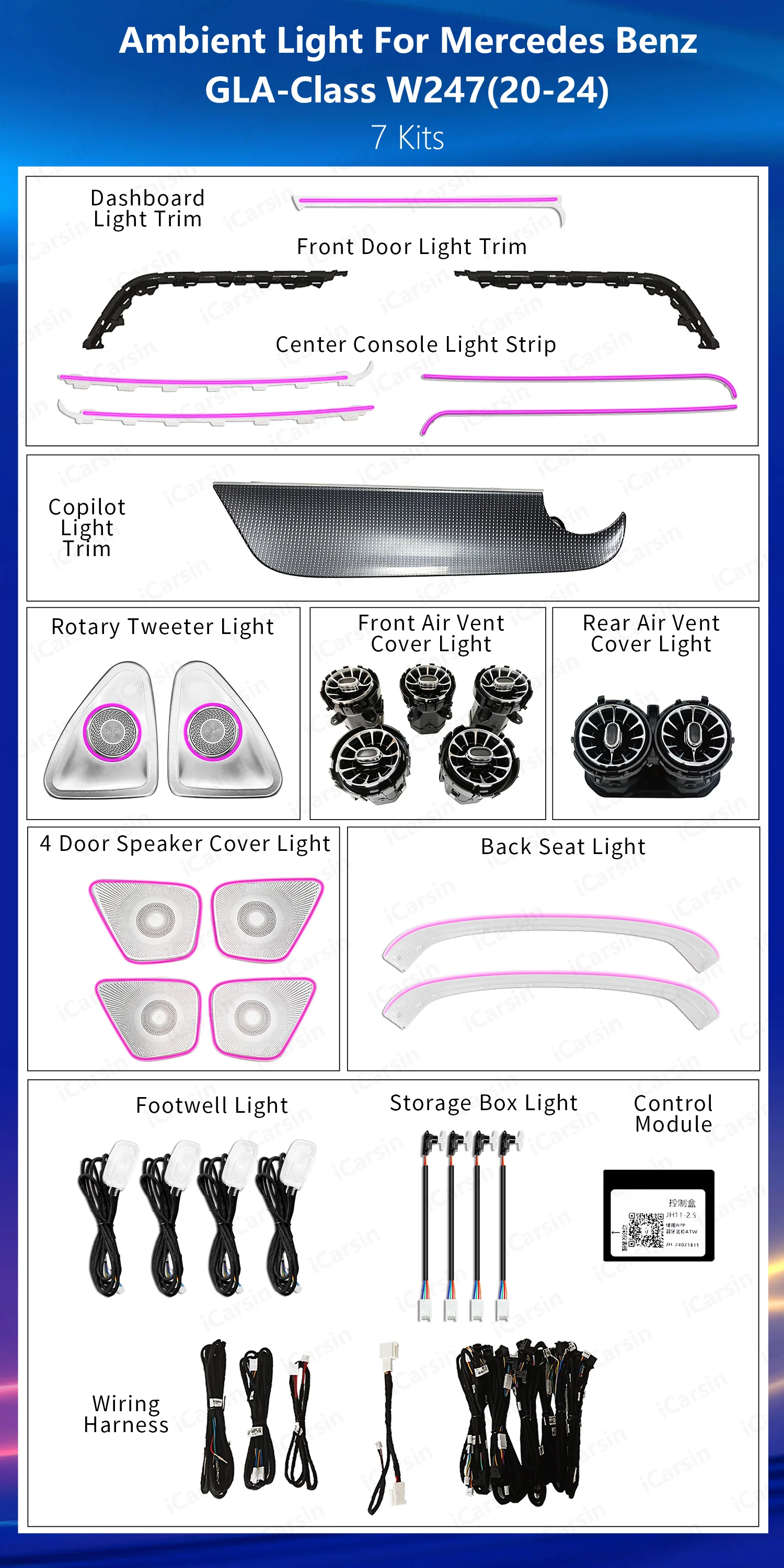 ترقية 64 ألوان LED الإضاءة المحيطة الداخلية للسيارة لمرسيدس بنز GLB X247 2020-2024 ملحقات شريط الغلاف الجوي #6