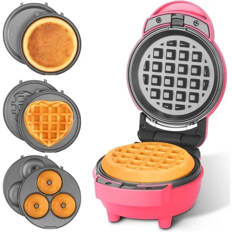 

4 in 1 Mini Waffle Maker with Removable Plates Mini Donut Maker Heart Shape Waffle Maker