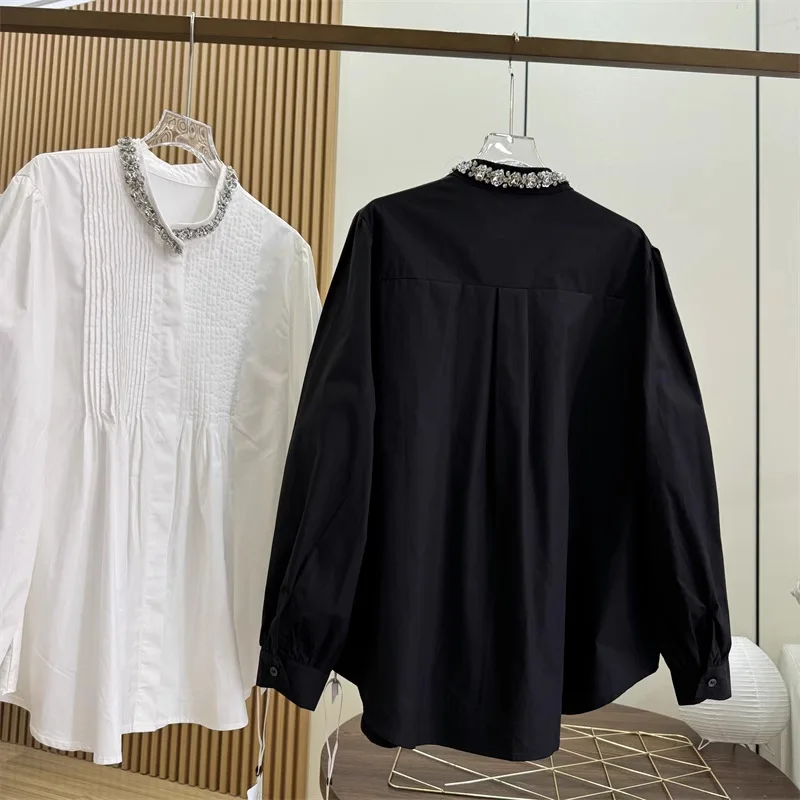 

Французская легкая роскошная хлопковая кукольная рубашка с длинными пышными рукавами и тяжелыми бисером, нишевый дизайн