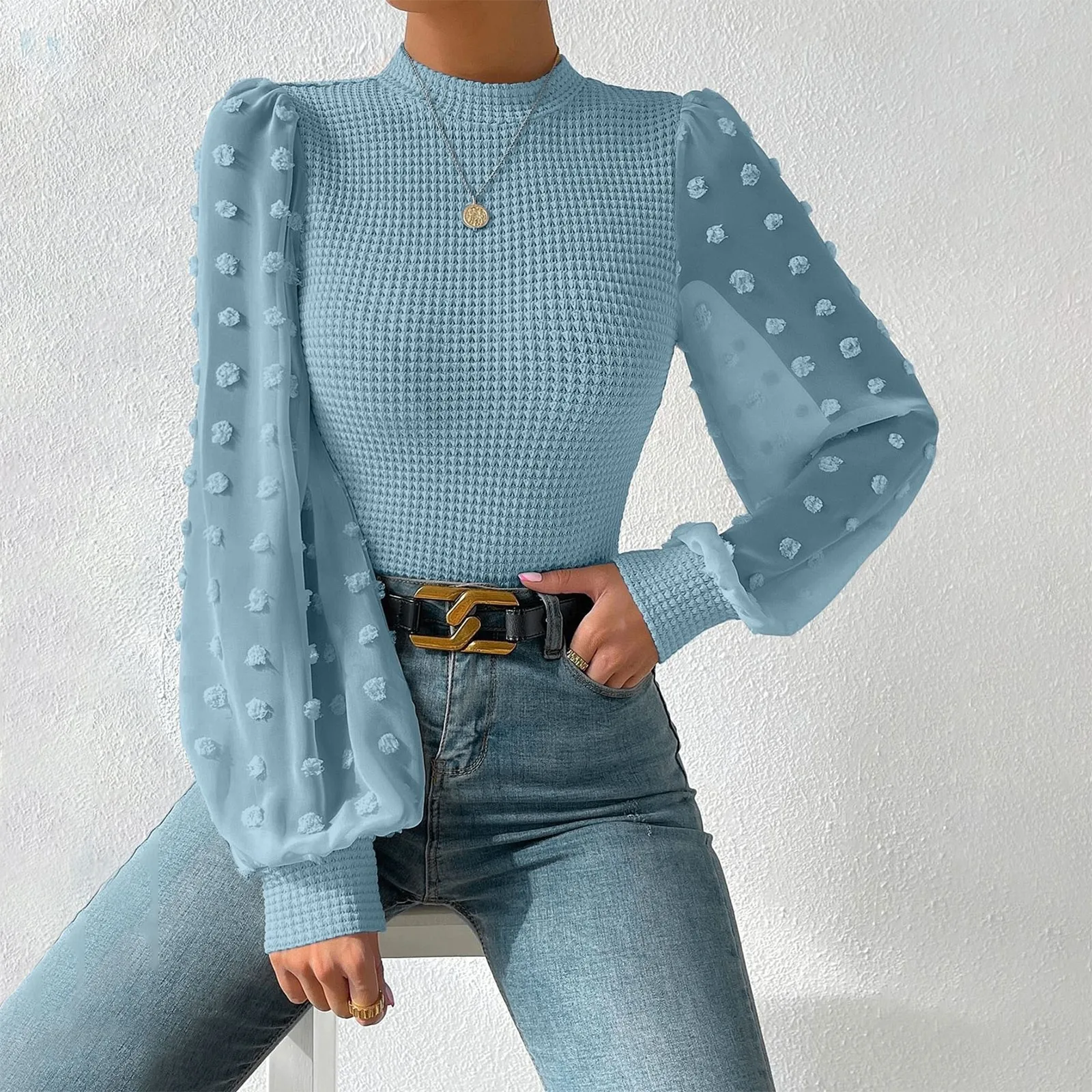 Elegant Knitted Blouse Shirt Women Autumn O Neck Long Sleeve Mesh Puff Sleeve Slim Shirts For Women Autumn Office Tops