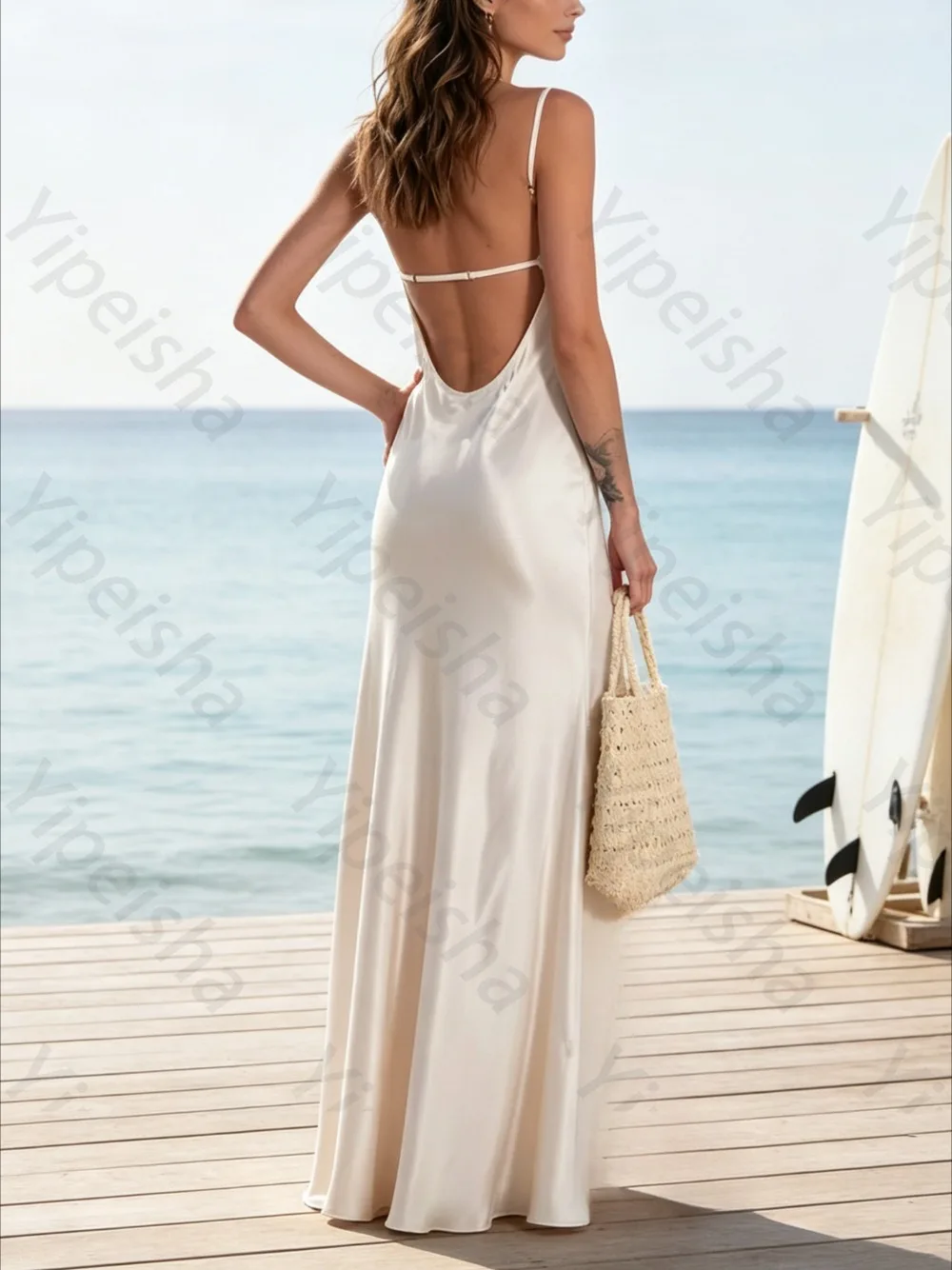 Customized 2026 White Satin Lace Patchwork Evening Dress V Neck Backless Maxi Gown Slim Spaghetti Strap Elegant Prom Party