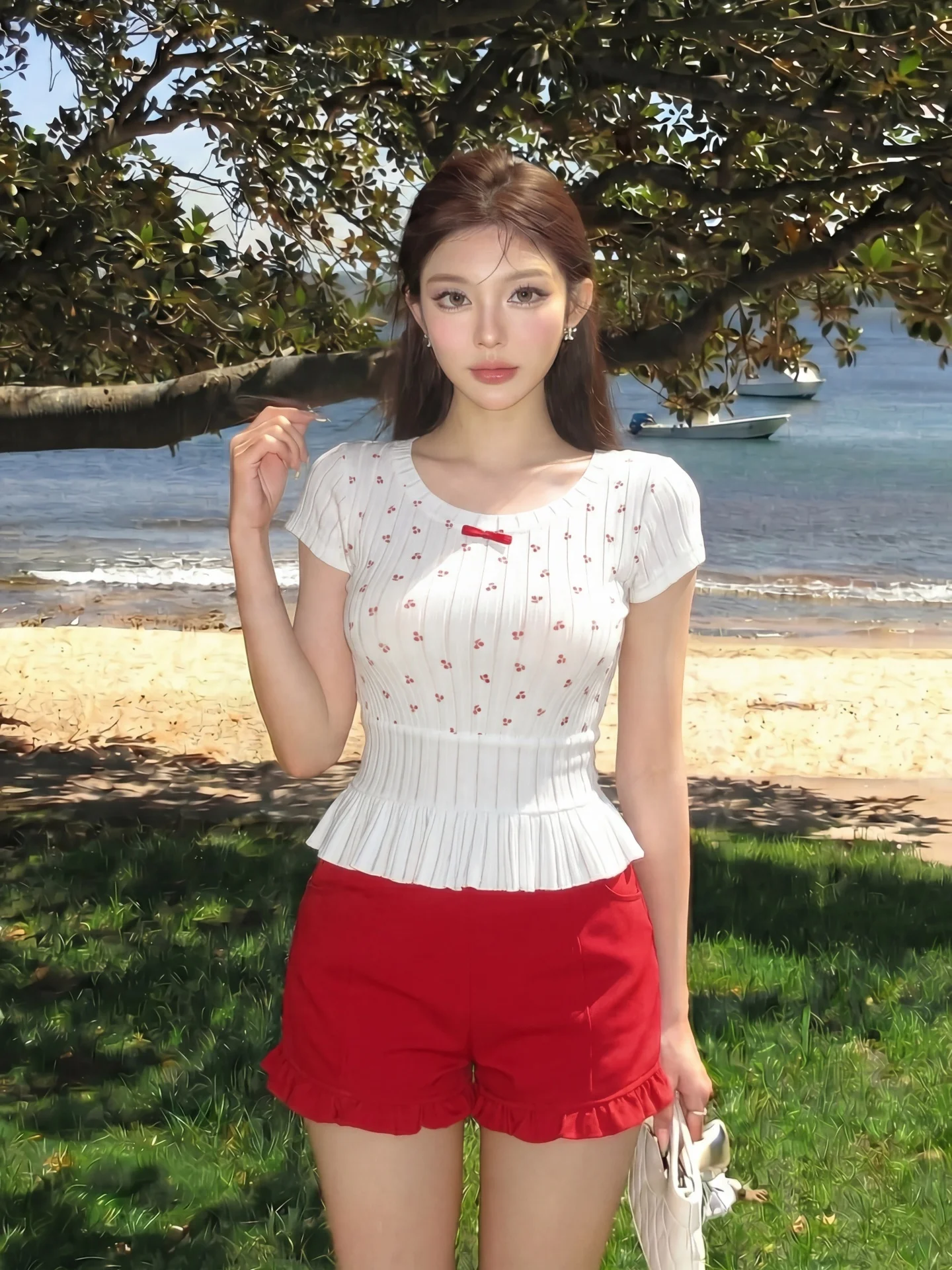 

Korean Style Casual Set Women Summer Holiday Knitted Short Sleeve Top Red Lace Shorts Fashionable Comfortable plus Size Outfit