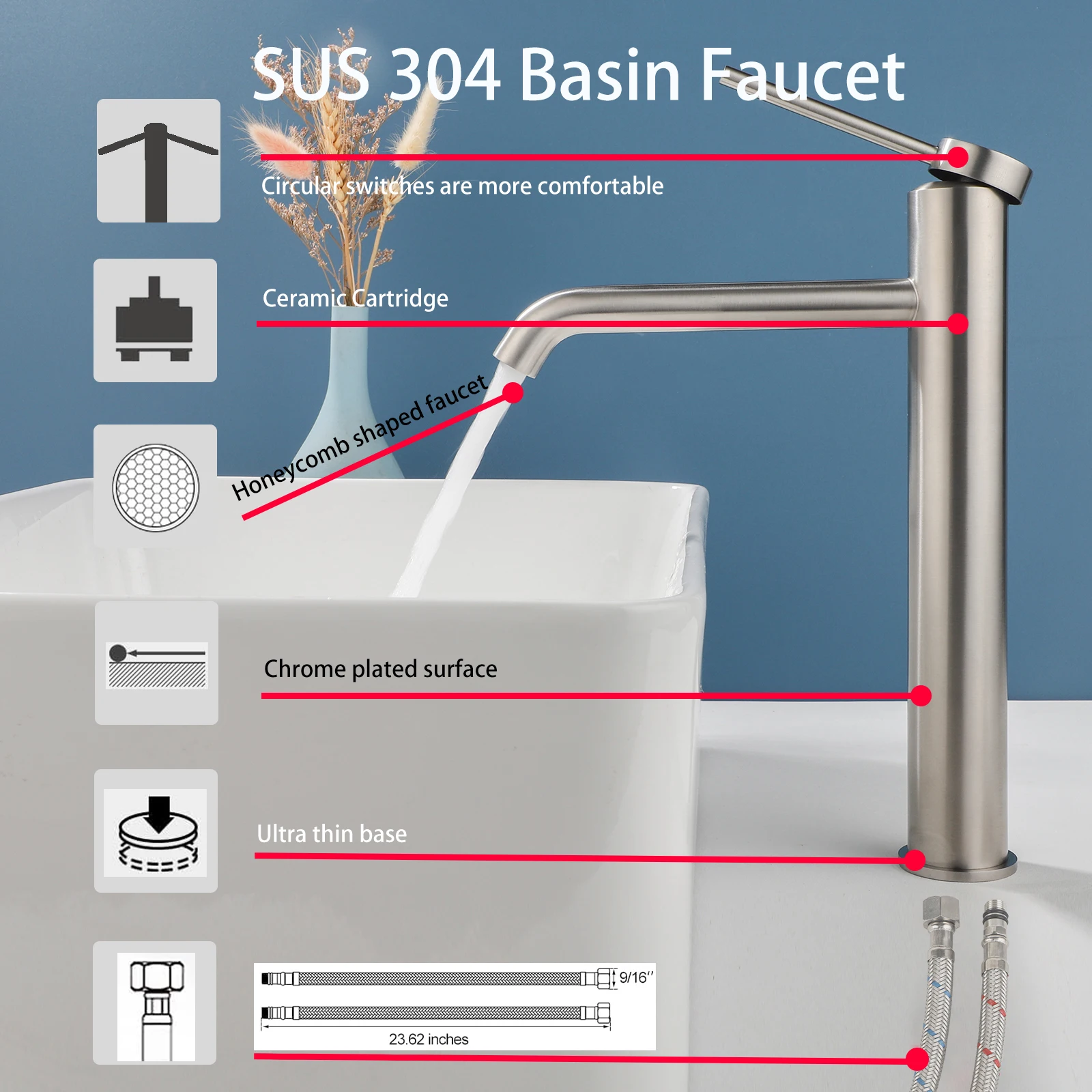 

Высококачественный смеситель для ванной комнаты из нержавеющей стали 304, матовый умывальник под раковиной, смеситель для холодной и горячей воды