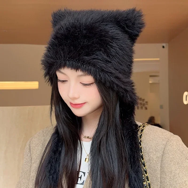 Herbst und Winter Weiche Plüsch Nette Katze Ohren Süße Pullover frauen Hüte Koreanische Casual Shopping Ohr Schutz Strap Beanies kappe