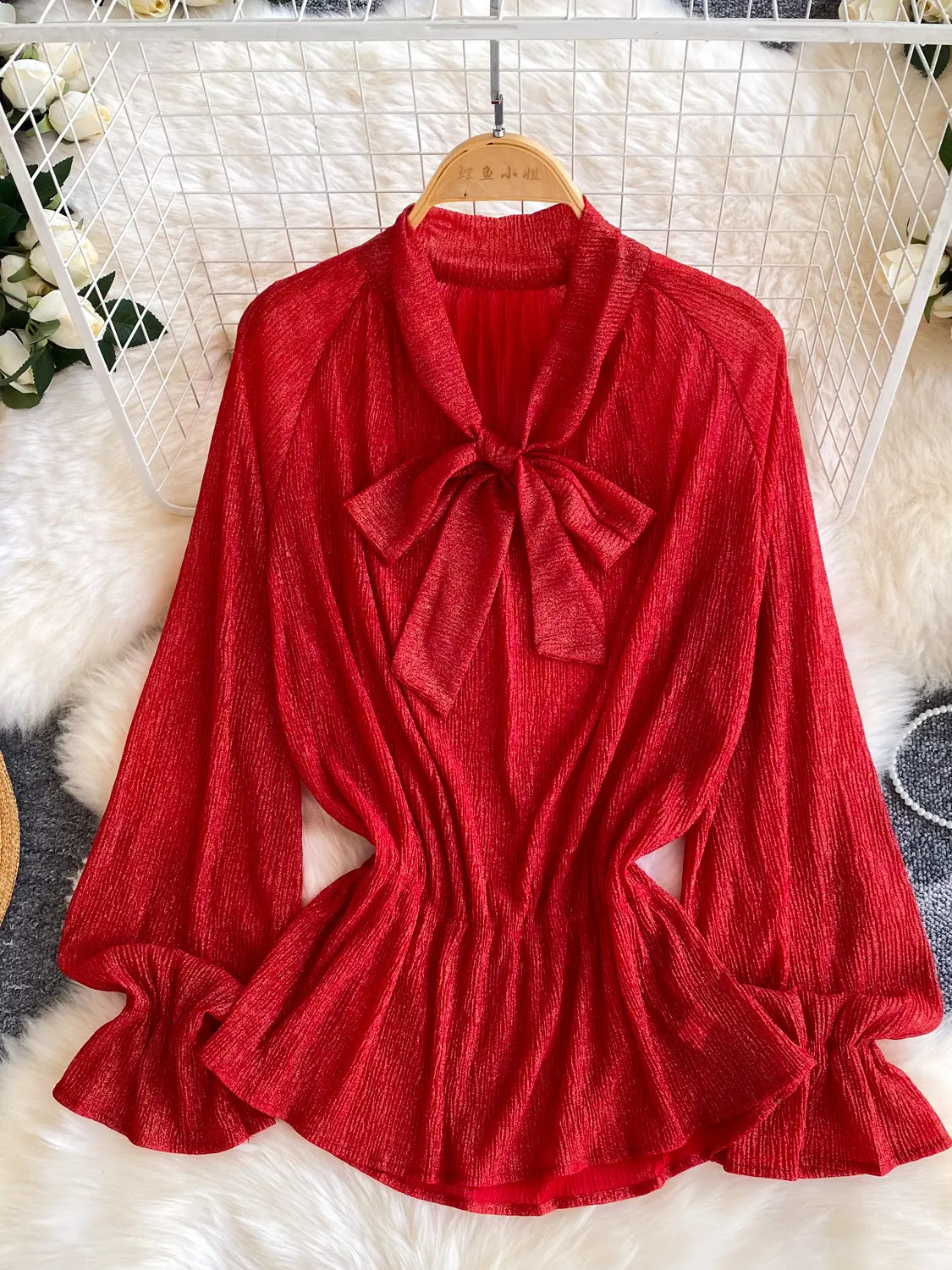 

Sweet Bow Tie V-neck Long Sleeve Blouse for Women Korean Loose Blouse Tops Clothes