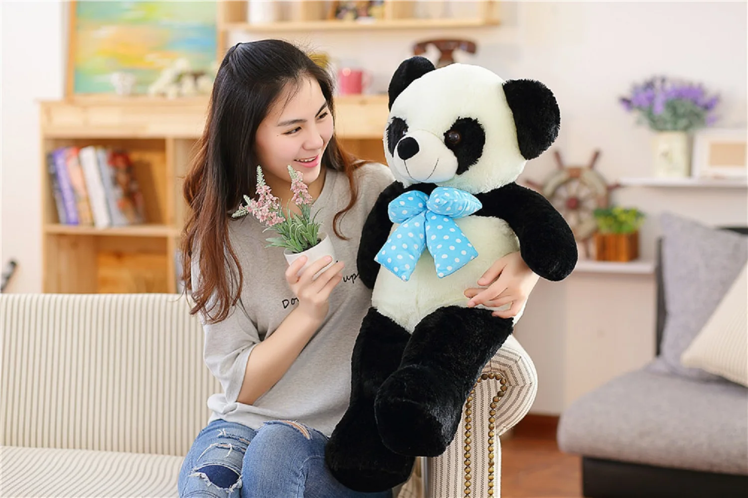 

cute plush blue bow panda toy lovely panda doll about 80cm 0598