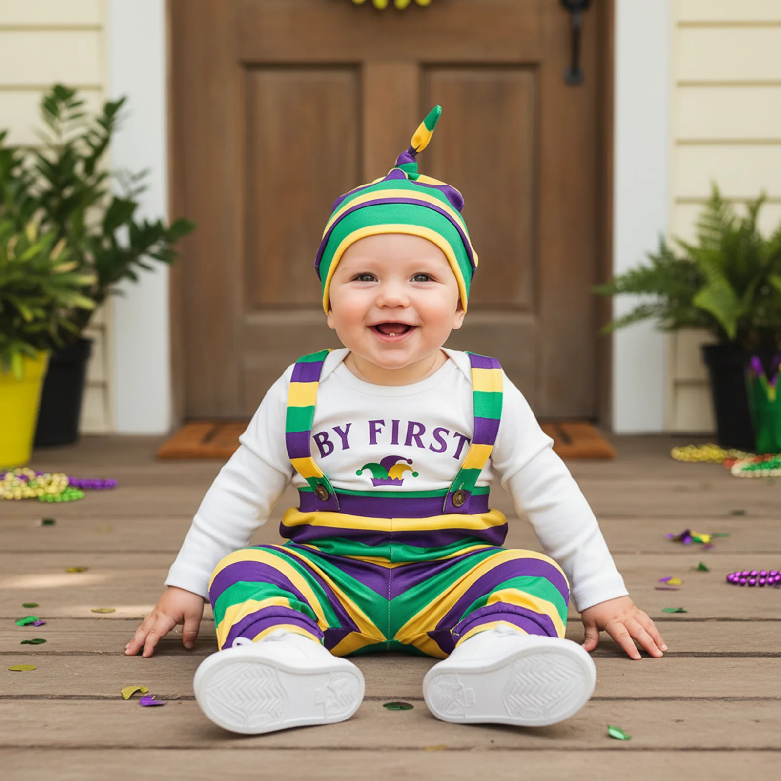 

Костюм для мальчика на Марди Гра: комбинезон с принтом, полосатый, с круглым вырезом, длинными рукавами, брюки на подтяжках, шапка, 3 предмета, карнавальный костюм