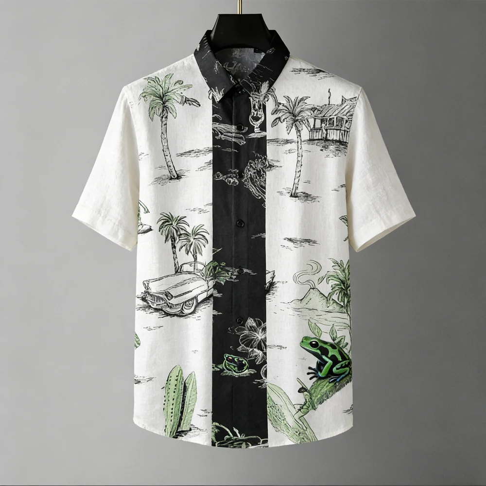 Retro Vacation Style Palm Tree Surfboard Printed Short Sleeved Shirt for Men's Commuting Versatile Shirt