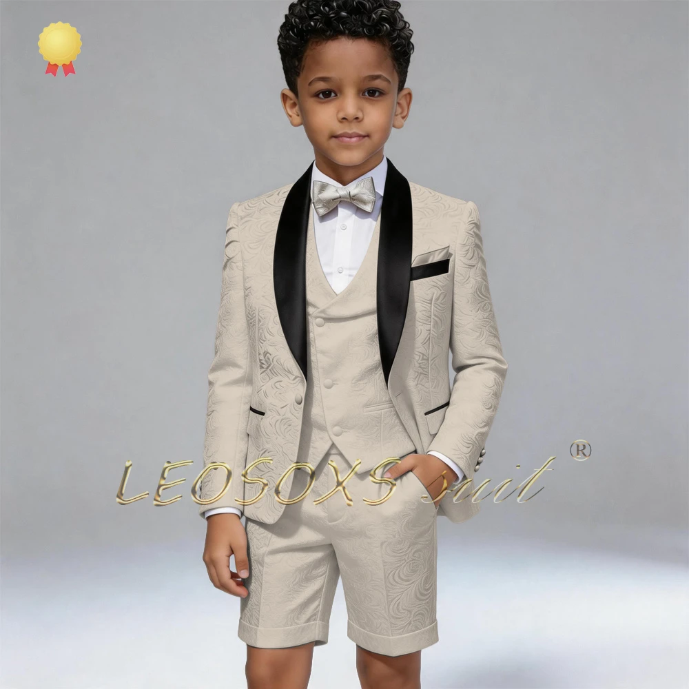 Boys' 3-Piece Black Tie Suit, Jacquard Blazer, Vest & Shorts for Choir Performances & School Pageant Competitions