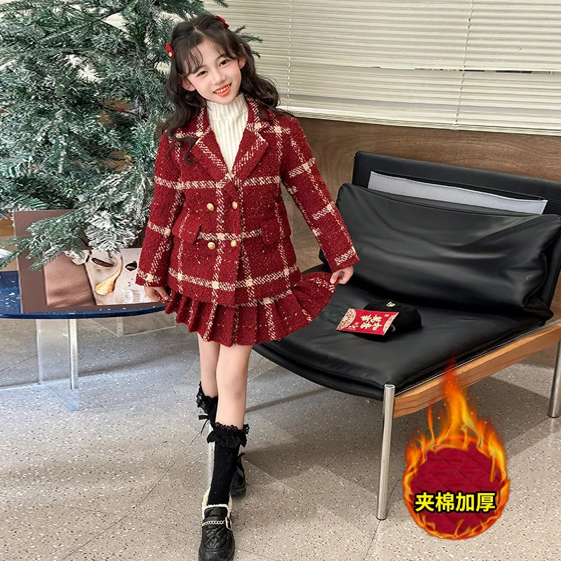 French Elegant Fashion Suit Girl's Popular Hot Girl New Year Red Plaid Coat Half Skirt Princess High Street Playful 2pcs Sets