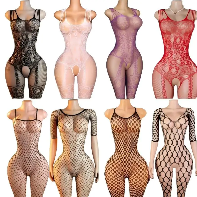 Sexy Crotchless Lingerie Full Sleeve Bodystockings Mesh Transparent Babydolls Underwear Erotic Fishnet Hollow Baby Dolls Dresses