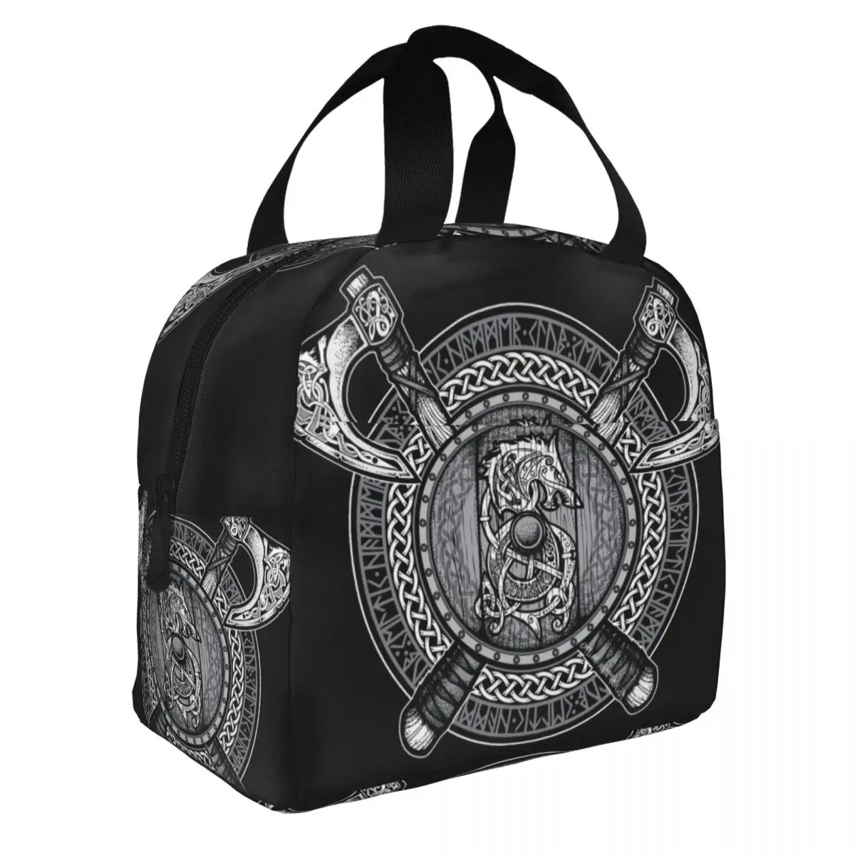 

Fenrir Viking Shield (Grayscale) Lunch Bento Bags Portable Aluminum Foil thickened Thermal Cloth Lunch Bag for Women Men Boy