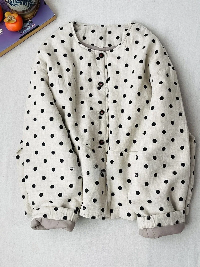 

Thickened Cotton Linen Jacket Women's Winter Coat round Neck Retro Style Warm Cotton Clothes Artistic Polka Dot Design