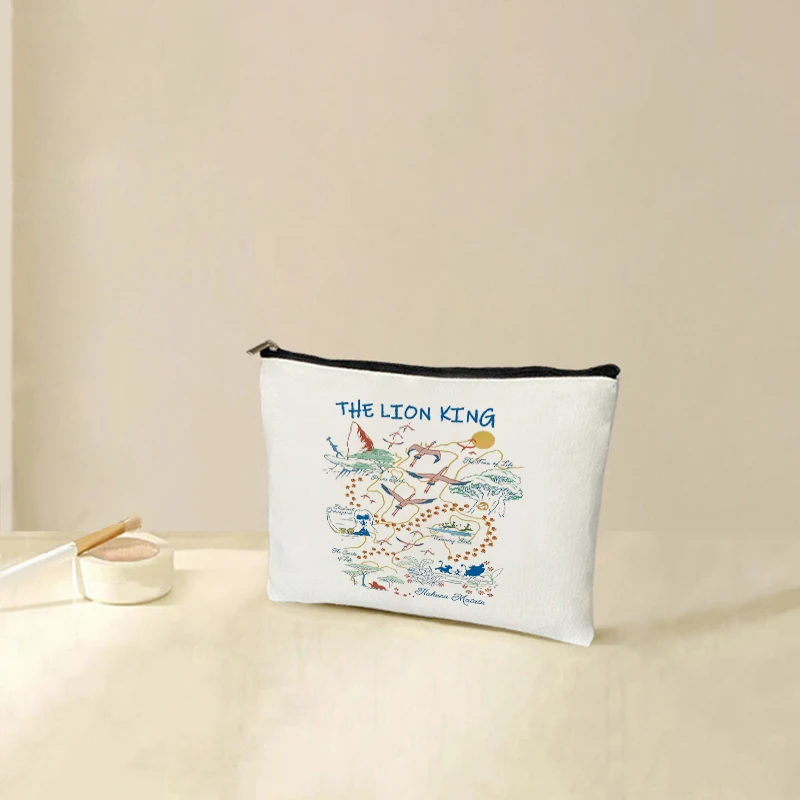 Bolsa de maquillaje con estampado de León, bolsa de lona para fanáticos del Rey, mapa de la tierra, regalo, estuche de cosméticos, amantes del reino mágico