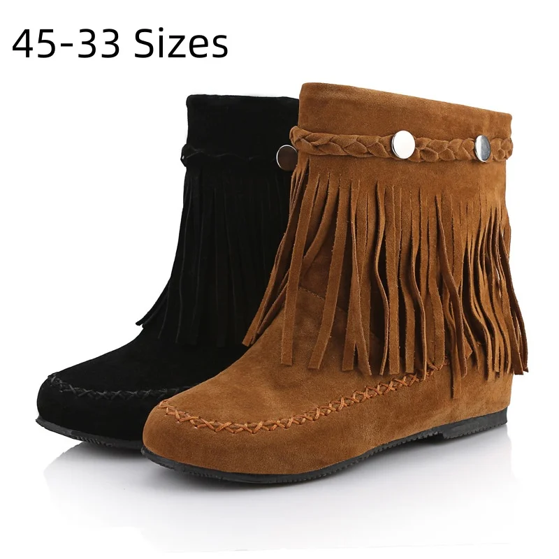 Lady Height Increasing Block Heels Ankle Boots Anti-Skip Shoes Round Toe Black Booties Cute Short Tassel Shoes With Seam 33 45