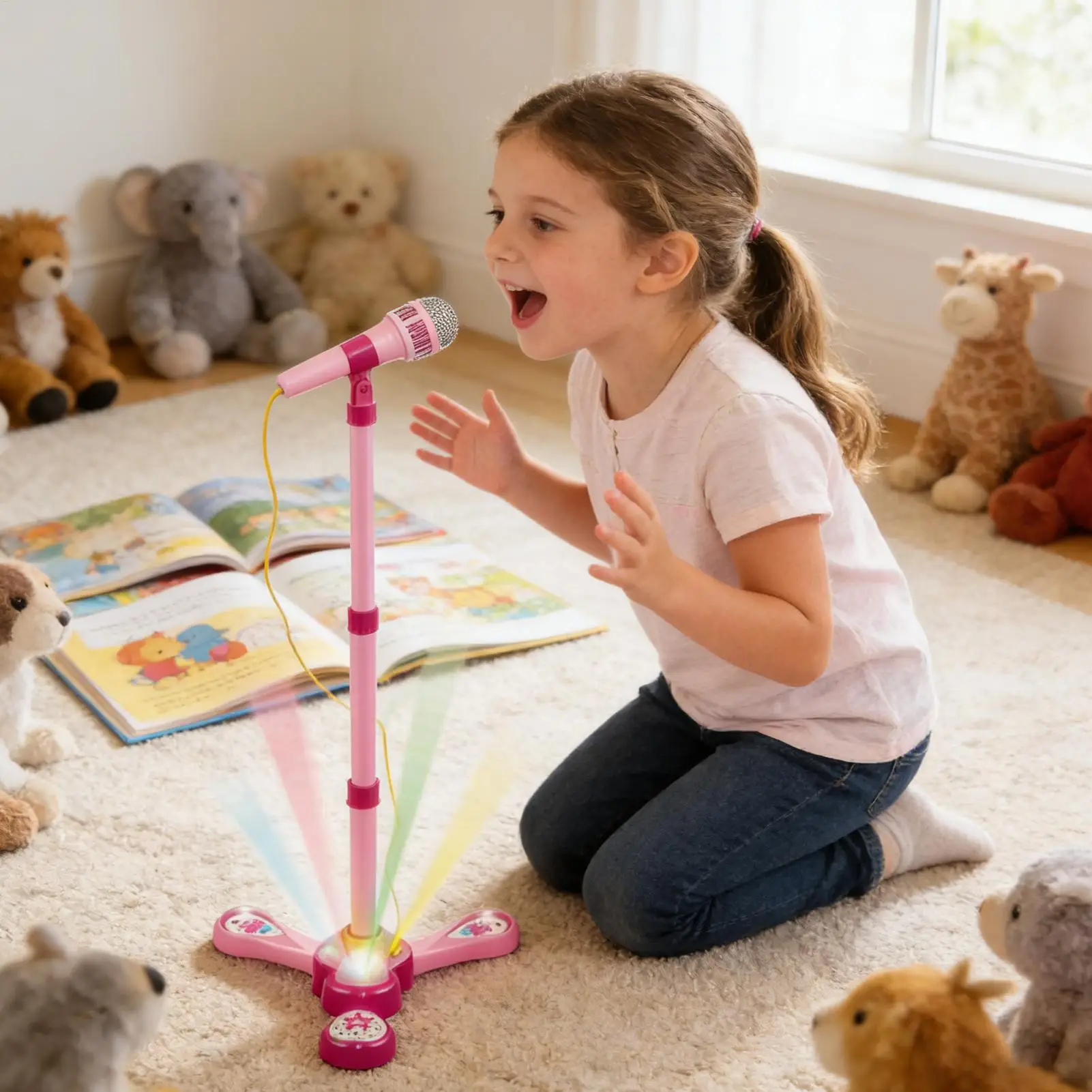 Giocattolo per microfono per bambini Supporto regolabile colorato Giocattoli per canto con microfoni karaoke leggeri Forniture divertenti per ragazzi e ragazze in età prescolare