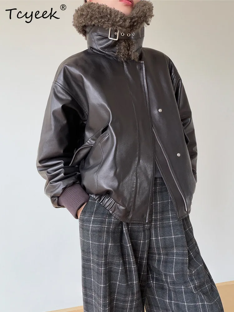 Tcyeek Oil Wax Sheepskin Real Leather Jacket Women Autumn Winter Clothes 90% White Goose Down Womens Coats Warm Wool Fur Collar