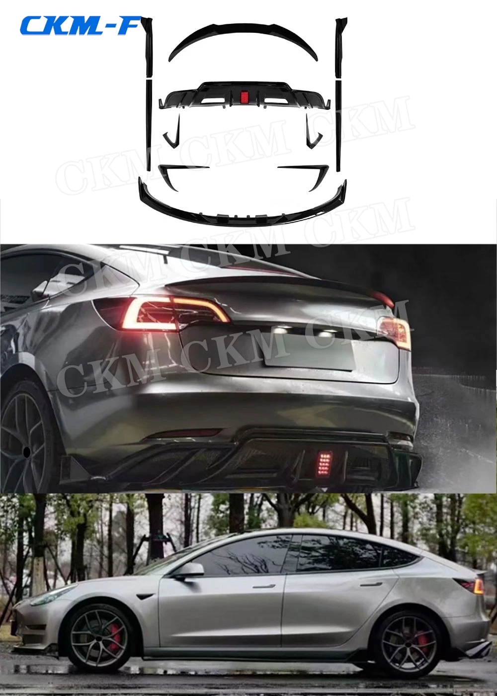 

T Style Front Bumper Lip Side Skirts Rear Bumper Diffuser Rear Spoiler Air Vent Trims Body Kits for Tesla Model 3 2019+