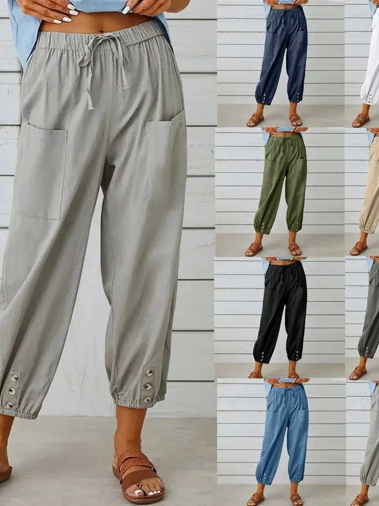 

High Waist Wide Leg Cropped Pants Women's Loose Fit Button Pure Color Nine Points Casual Straight Leg Trousers