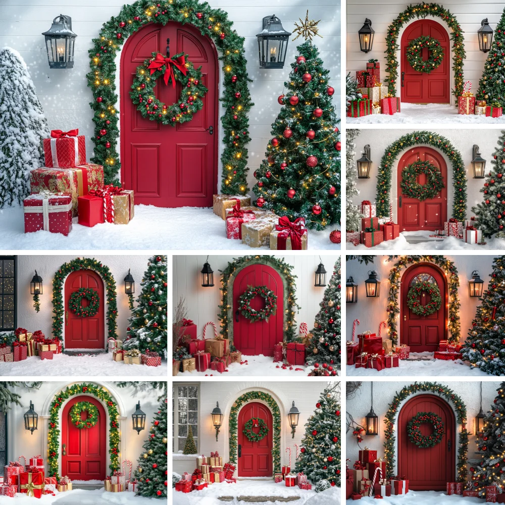 Arched Red Front Door Christmas Photography Backdrop Light Garland Wreath Wall Lantern Xmas Tree Gift Box Snow Ground Background
