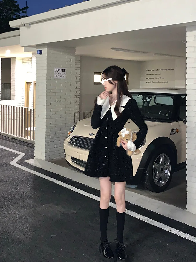 French Doll Neck Black Velvet Dress For Woman Autumn Winter Waist Tight Slim Fit Black Dress Elegant Bow Button Mini Vestidos