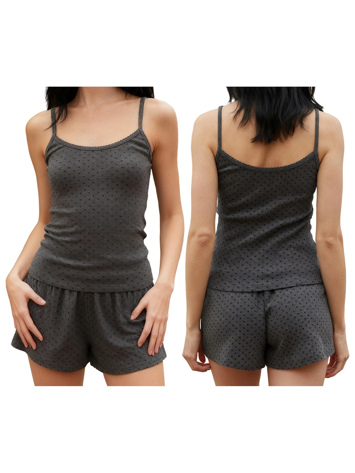 

Женский пижамный комплект из двух предметов с топом на бретельках без рукавов в горошек и шортами с эластичной резинкой на талии для летней одежды для дома