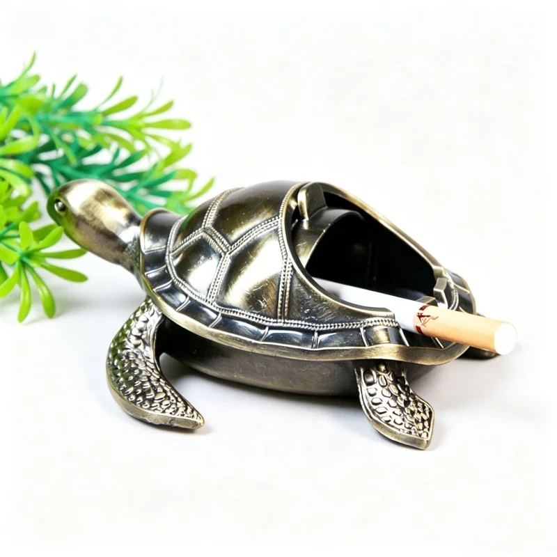 

Vintage Turtle Windproof Ashtray with Lid Cigarette Holder for Indoor Smokers Metal Desktop Smoking Tobacco Ash Tray for Home