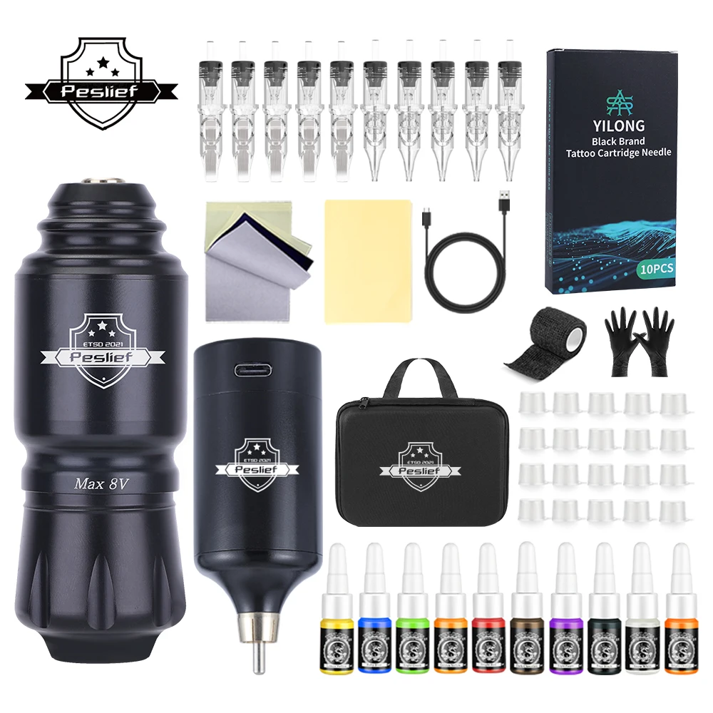 Kit de machine à tatouer sans fil avec cartouche, outil de maquillage en continu pour tatoueurs, éloigné, invité, 10 pièces