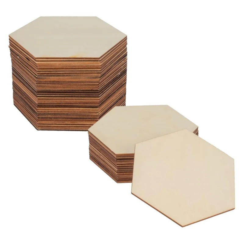 100pcs/lot 4/5/6cm Unfinished Blank Wood Pieces Natural Hexagon Wooden Slices Cutouts for DIY Crafts Pyrograph Painting Coasters