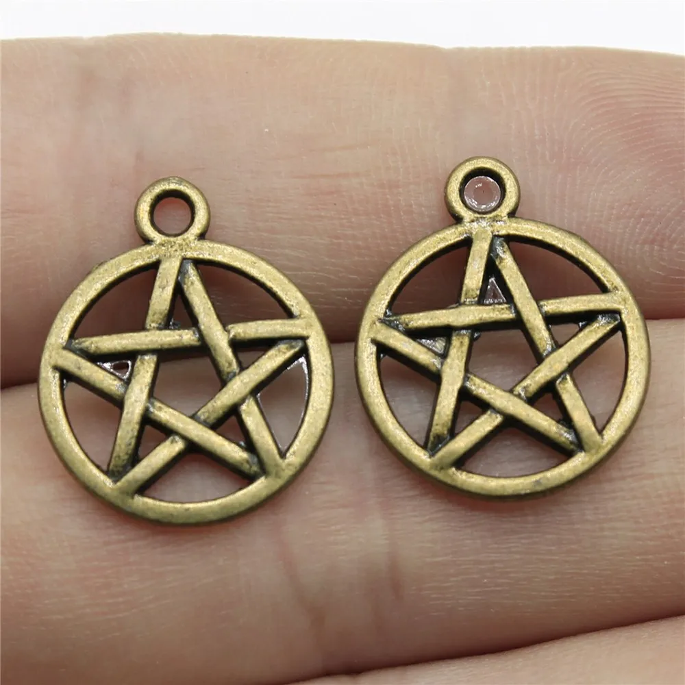 Pentagram Encantos para Fazer Jóias DIY, Pingentes Antigos, Bronze, Prata, Cor Dourada, Estrela, Tibetano, Artesanato Artesanal, 20PCs, 19x16mm