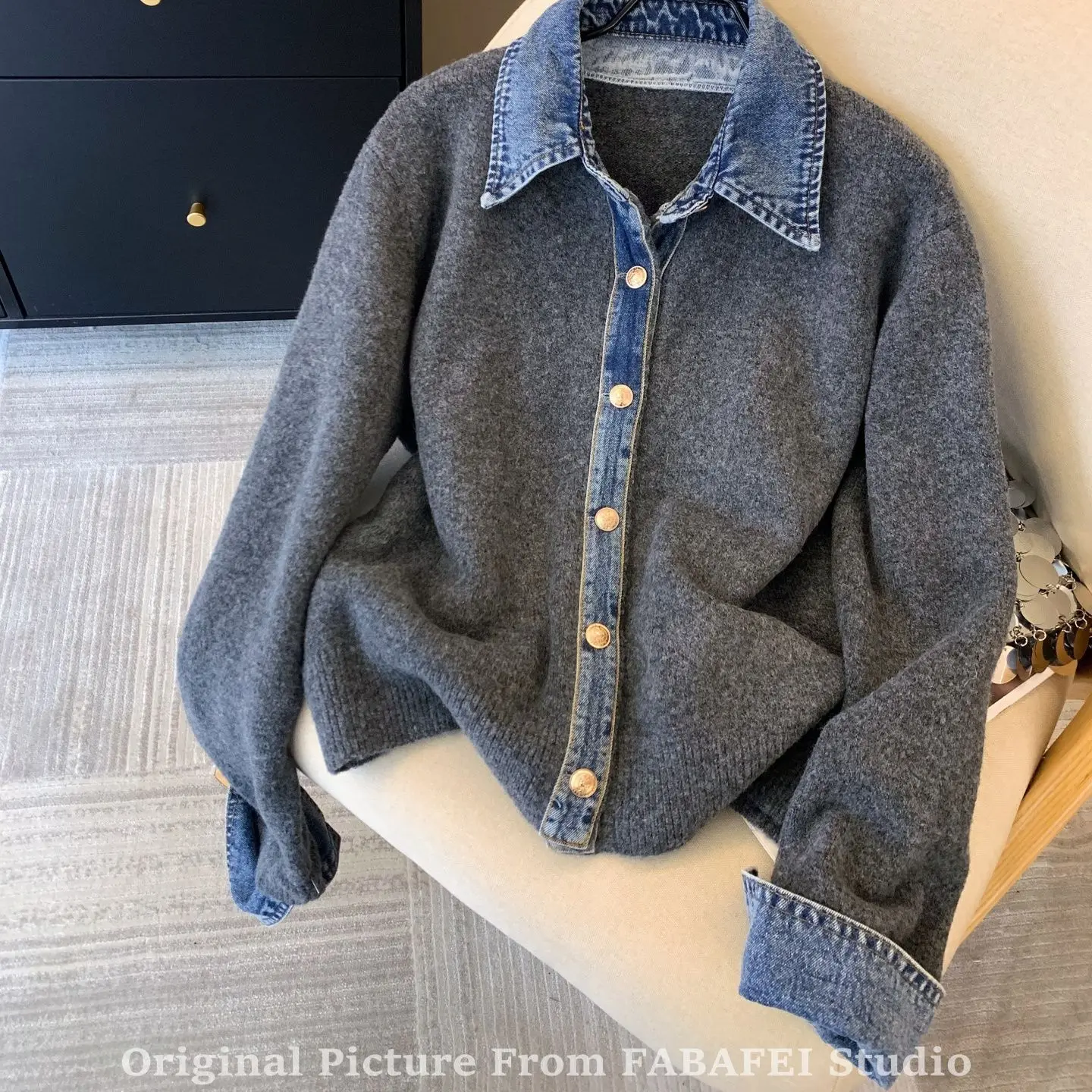 

Джинсовая рубашка с воротником в стиле пэчворк, искусственный двухсекционный вязаный свитер, мягкий женский вязаный кардиган, весенне-осеннее элитное пальто, топ с длинными рукавами