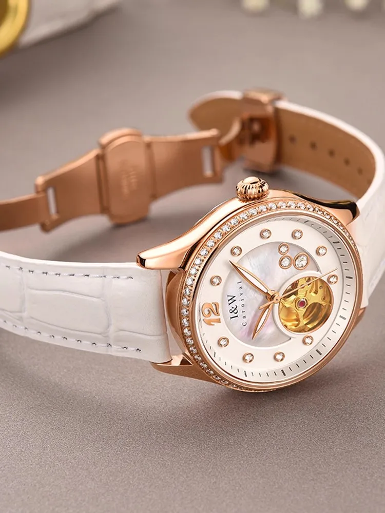 

КАРНАВАЛ брендовые роскошные часы со скелетом для женщин, модные автоматические механические часы, женские водонепроницаемые деловые часы Montre Femme