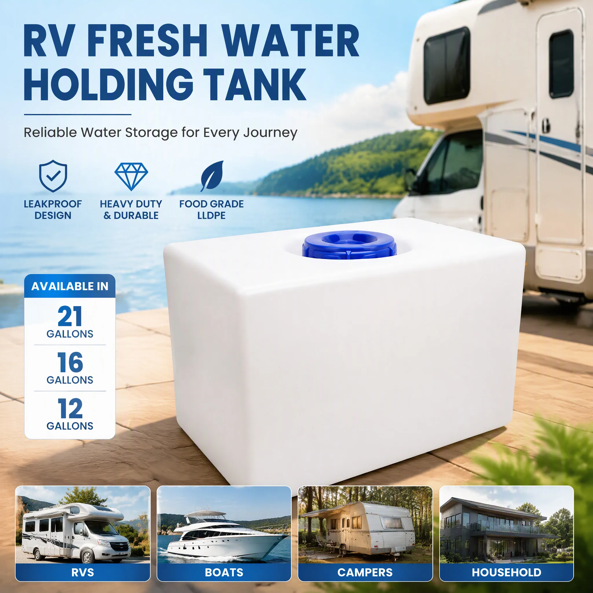 3 Sizes RV Fresh Water Holding PE 21/16/12 Gallons RV Water Storage Heavy Duty Unbreakable Leakproof for Camper RV Boats