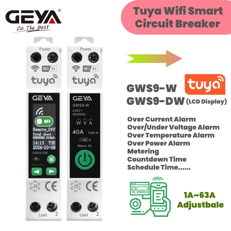 GEYA TUYA WIFI Smart Circuit Breaker With Metering Smart Home Wireless Remote Control Switch 1A~63A Adjustable 90V~240V