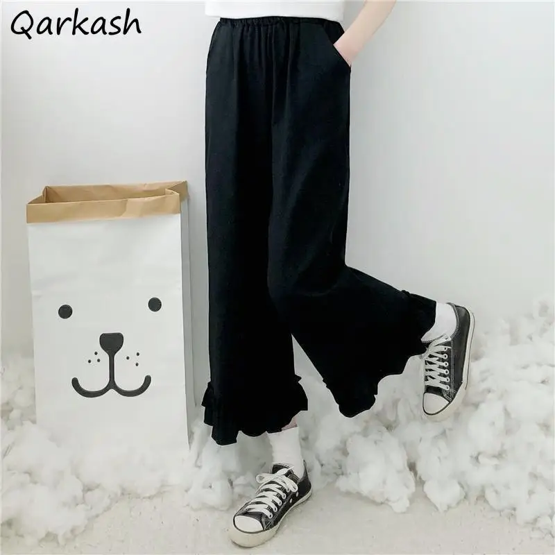 Casual Pants Women Summer Thin All-match Ruffles Elastic Waist Pockets Ankle-length Sweet Japanese S-5XL Fashion Soft Hot Sale