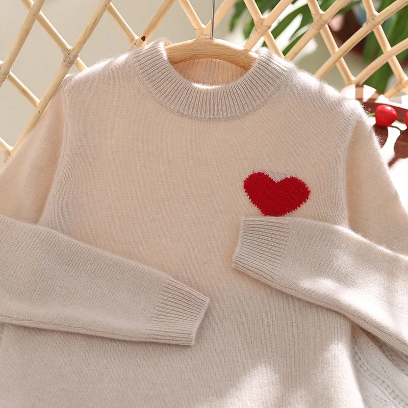 Children thickened 100% wool knitted sweater Boys girl round neck pullover keep warm Leisure cartoon heart pattern child sweater